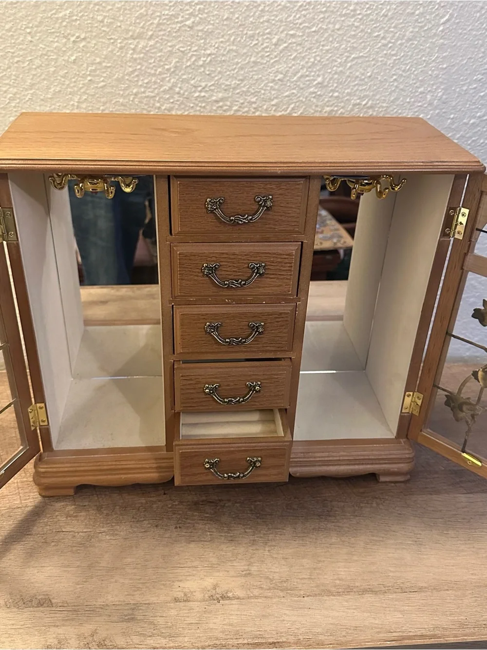 Wooden Jewelry Box with Decorative Glass Doors and Metal Accents 13”Tall 15 Wide